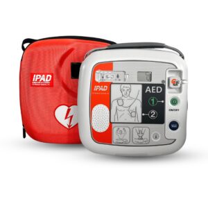 CU Medical iPAD SP1 fully automatic AED with orange carry case behind