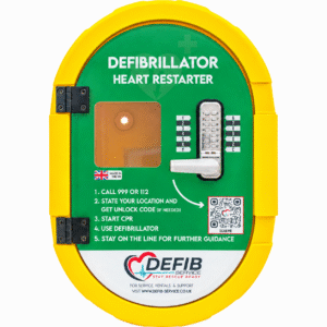 Front view of Defib Service branded DefibSafe 2 locked outdoor defibrillator cabinet