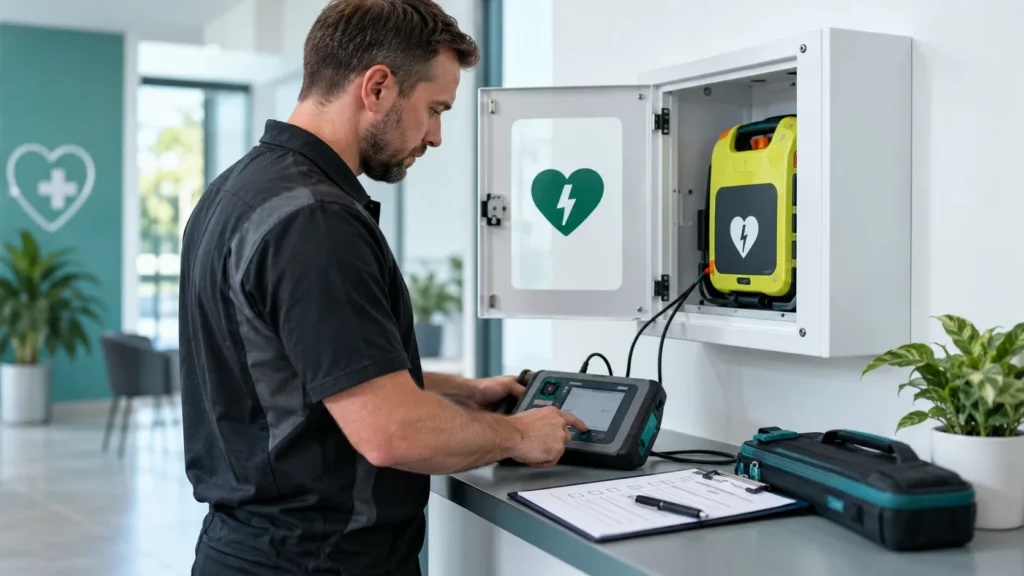 How often should a defibrillator be serviced?